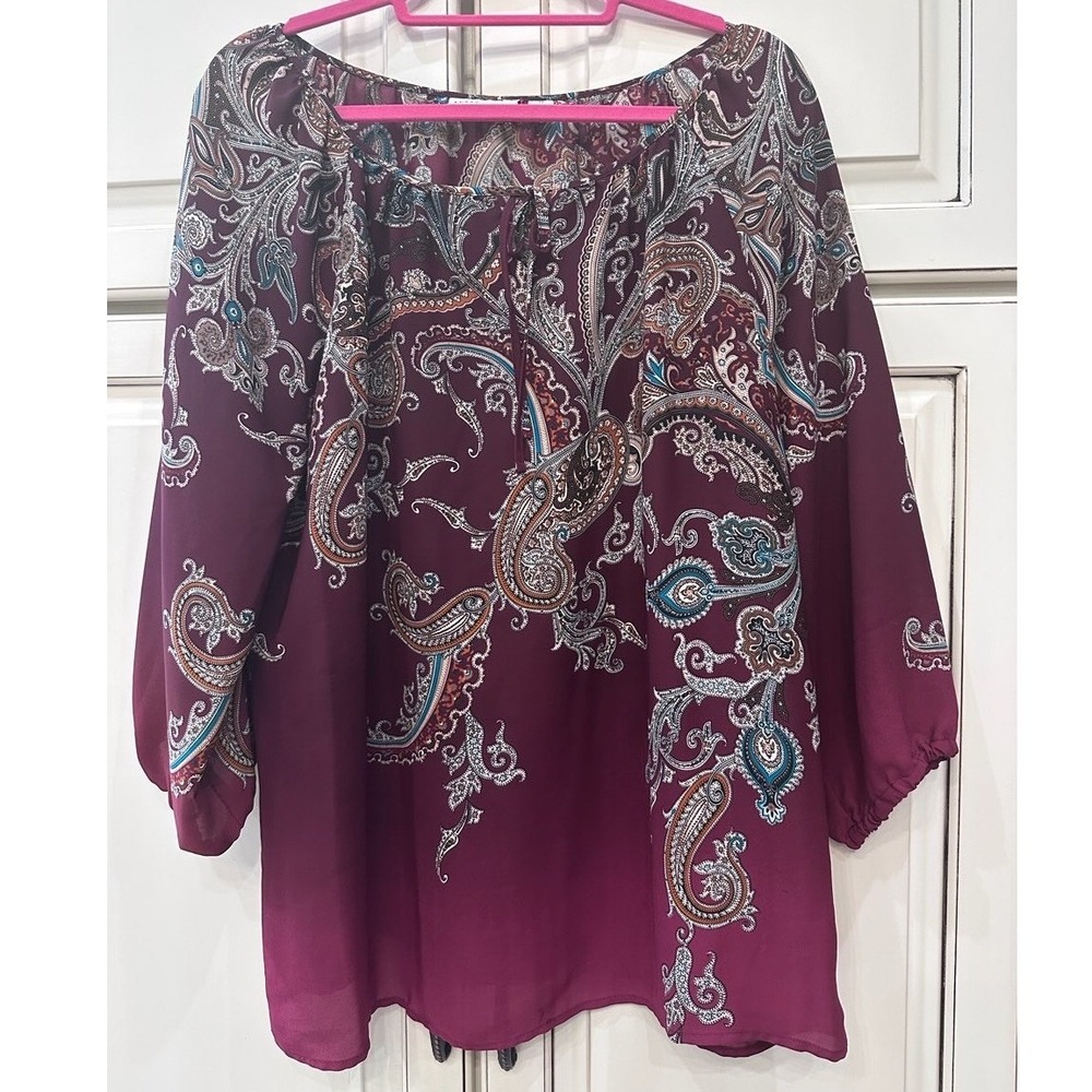 Susan Graver Womens Burgundy Paisley Print Peasant Blouse Top Size 14